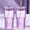 20 oz 2-pack pink glass straw cup with vertical pattern cup and lid, high borosilicate heat-resistant glass cup for juice, milk and cold drinks
