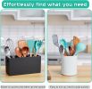 Black Kitchen Utensil Holder for Countertop - Wooden Large Utensil Caddy Organizer for Counter - 3 Compartment Cooking Utensil Crock for Silverware Sp