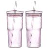 20 oz 2-pack pink glass straw cup with vertical pattern cup and lid, high borosilicate heat-resistant glass cup for juice, milk and cold drinks