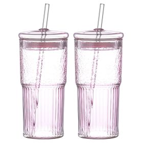 20 oz 2-pack pink glass straw cup with vertical pattern cup and lid, high borosilicate heat-resistant glass cup for juice, milk and cold drinks