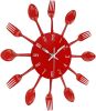 Kitchen Wall Clock, 3D Removable Modern Creative Cutlery Kitchen Spoon Fork Wall Clock Mirror Wall Decal Wall Sticker Room Home Decoration (Red)