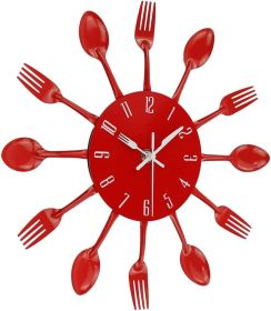 Kitchen Wall Clock, 3D Removable Modern Creative Cutlery Kitchen Spoon Fork Wall Clock Mirror Wall Decal Wall Sticker Room Home Decoration (Red)