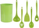6 Piece Kitchen Utensil Holder for kitchen counter, Utensils crock with Heat Resistant Spoon, Slotted Spoon, Ladle, Spatula BPA Free, Lime