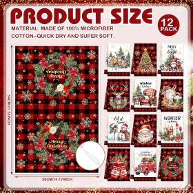 12 Pcs Christmas Kitchen Towels and Dishcloths Absorbent Merry Christmas Tree Reindeer Truck Santa Claus Hand Dish Tea Towels Plaid Decoration for Xma