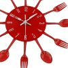 Kitchen Wall Clock, 3D Removable Modern Creative Cutlery Kitchen Spoon Fork Wall Clock Mirror Wall Decal Wall Sticker Room Home Decoration (Red)
