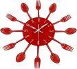 Kitchen Wall Clock, 3D Removable Modern Creative Cutlery Kitchen Spoon Fork Wall Clock Mirror Wall Decal Wall Sticker Room Home Decoration (Red)