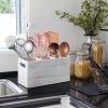 Rustic White Utensil Holder with Removable Divider - 3 Compartment Wooden Utensil Caddy Organizer for Kitchen Counter - Cooking Utensil Crock for Coun