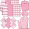 18 Pcs Pink Kitchen Decor Accessories Set Oven Mitts Pot Holders Kitchen Towels Dishcloths Oven Gloves Dish Towels Heatproof Potholders Pink and White