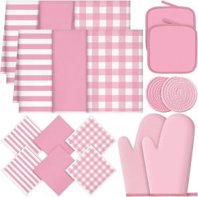 18 Pcs Pink Kitchen Decor Accessories Set Oven Mitts Pot Holders Kitchen Towels Dishcloths Oven Gloves Dish Towels Heatproof Potholders Pink and White