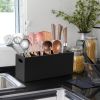 Large Utensil Holder with Removable Divider - 4 Compartment Wooden Utensil Caddy Organizer for Kitchen Counter - Black Cooking Utensil Crock for Count