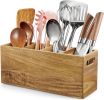 Acacia Wood Utensil Holder with Removable Divider - 4 Compartment Wooden Utensil Caddy Organizer for Kitchen Counter - Cooking Utensil Crock for Count