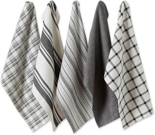 Assorted Woven, Kitchen Dishtowel Set, 18x28, Black, 5