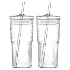 20 oz 2-pack glass straw cup with vertical pattern cup and lid, high borosilicate heat-resistant glass cup for juice, milk and cold drinks