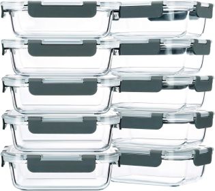 10-Pack,22 Oz Glass Meal Prep Containers,Glass Food Storage Containers with lids,Lunch Containers,Microwave, Oven, Freezer and Dishwasher (Gray)