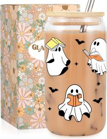 Fairy's Gift Ghost Reader Halloween Cup, Cute Spooky Gifts for Book Lovers, 16 oz Iced Coffee Tumbler Cup w/Lid Straw