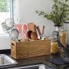 Acacia Wood Utensil Holder with Removable Divider - 4 Compartment Wooden Utensil Caddy Organizer for Kitchen Counter - Cooking Utensil Crock for Count