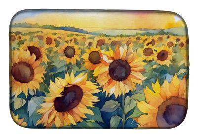 Kansas Sunflowers in Watercolor Dish Drying Mat Absorbent Dish Drying Mat Pad for Kitchen Counter Dish Drainer Mat for Countertop, 14 x 21"