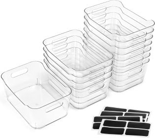 12 PACK Multi-Use Clear Plastic Storage Bins for Organizing w/ Labels - Home, Kitchen, Bathroom