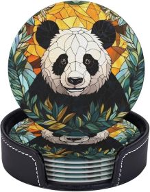 Panda Drink Coaster Set of 6, Panda Decor Gifts, Leather Drink Coasters with Holder