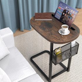 ashion TV Tray Table with Large Tabletop, Adjustable Sofa Table with Storage Baskets, Strong Metal Frame, (Oval, Brown, 16.93inch x 12.6inch)