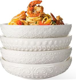 Pasta Bowls, 32oz Salad Bowls Set of 4, White Ceramic Soup Bowls 8 Inch Embossment Large Serving Bowl Wide and Shallow Bowls for Kitchen