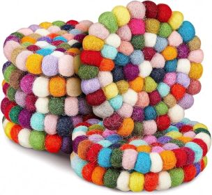 8 Pcs Round Felt Ball Coasters Cute Table Coasters Wool Absorbent Handmade Felt White & Colorful Coaster for Drinks Office Home Bar Decor (Rainbow)