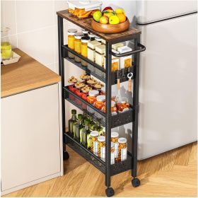 Slim Storage Cart with Wheels, 4 Tier Small Rolling Cart with Wood Top, Metal Kitchen Bathroom Laundry Room