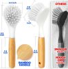 3 Pack Dish Brush Set with Bamboo Handle, Kitchen Cleaner for Cleaning Pasta Plate, Salad Bowl, Scrubber with Soft Bristles, Blanco