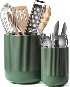 Utensil Holder for Kitchen Counter, 7.3"+5.4" Fluted Ceramic Utensil Crock Organizer for Countertop, Heavy Large Holder for Spatulas, Spoons, Set of 2 (material: Ceramic)