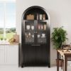 71" Fluted Tall Arched Pantry Cabinet with Adjustable Shelves, Elegant Display Storage with Hidden Drawer & Glass Door for Kitchen, Living Room