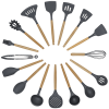 Wooden handle silicone cooking utensils, heat-resistant non-stick kitchen tools including spoon rests, egg beaters, tongs and spatulas