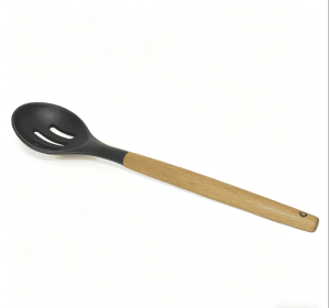 Wooden handle silicone cooking utensils, heat-resistant non-stick kitchen tools including spoon rests, egg beaters, tongs and spatulas (Style: colander)