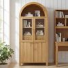 71" Fluted Tall Arched Pantry Cabinet with Adjustable Shelves, Elegant Display Storage with Hidden Drawer & Glass Door for Kitchen, Living Room