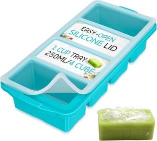 Silicone Freezer Tray With Lid - Soup Freezer Container molds - Large Ice Cube Tray- makes 8 perfect 1 cup portions cubes (Color: Blue)