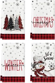 Red Black Buffalo Plaid Snowman Xmas Trees Christmas Kitchen Towels Dish Towels, 18x26 Inch Daily Seasonal Winter Decoration Hand Towels Set of 4 (Color: Red/Black)